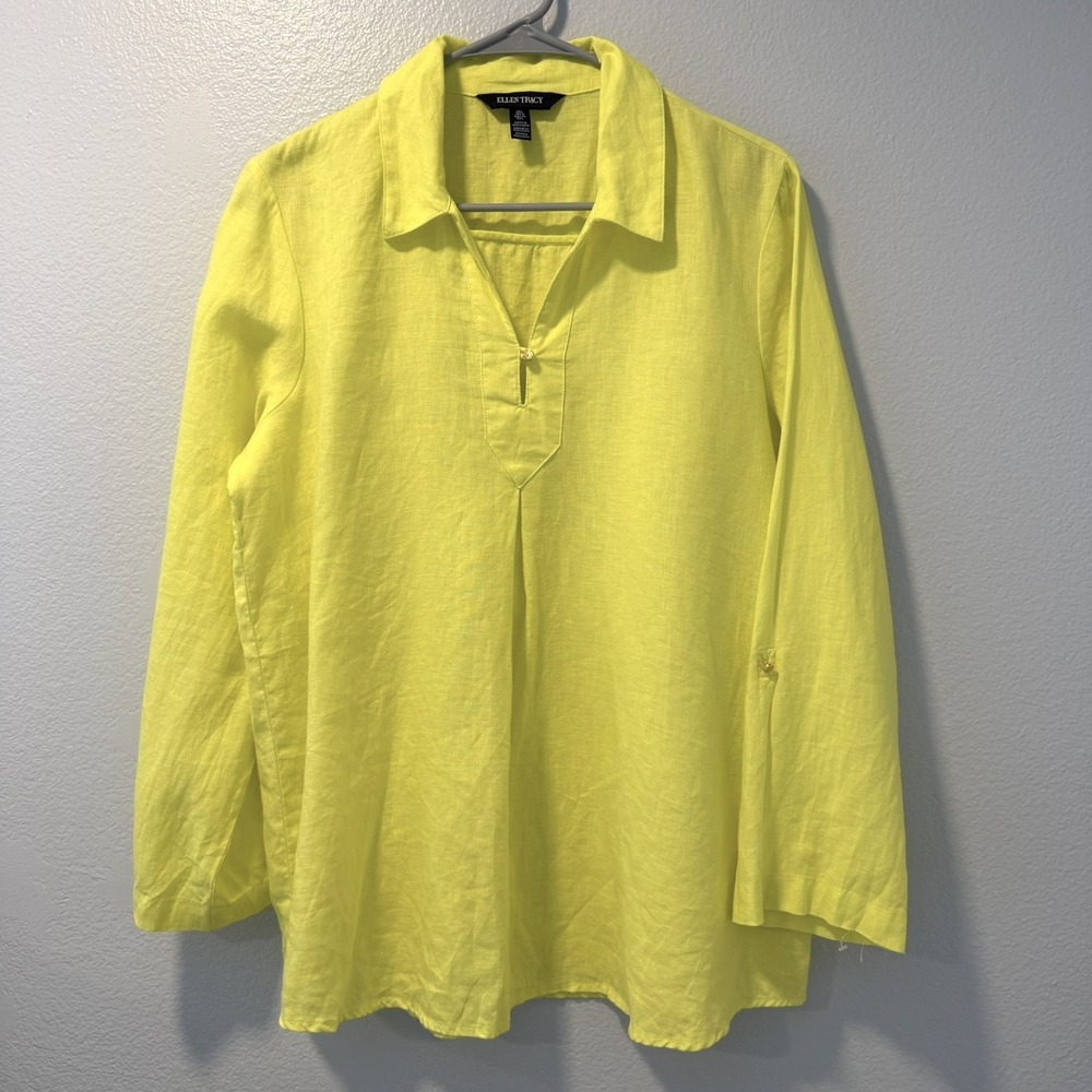Ellen Tracy Size-L Womens Top Tunic Yellow Linen Roll Tab Collared Blouse
